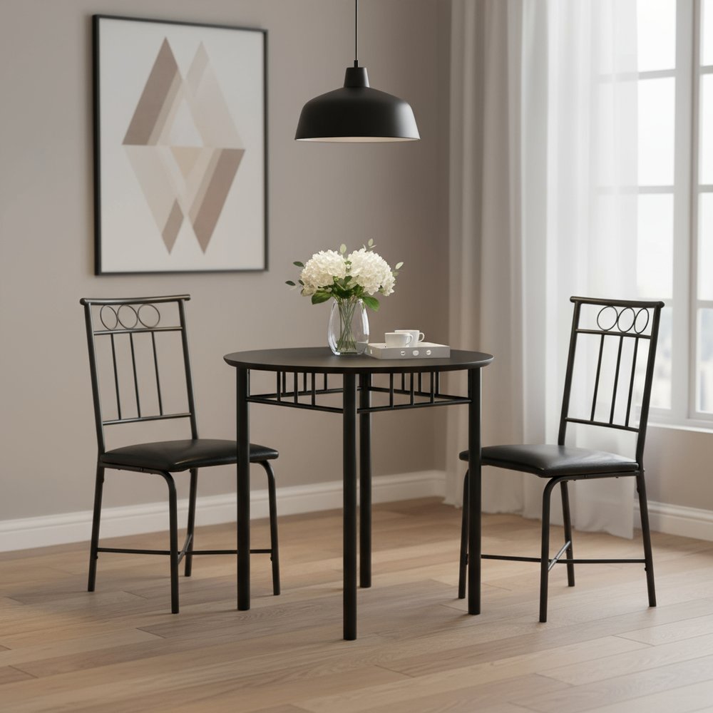 35" Black Leather Look Foam And Metal Three Pieces Dining Set HomeRoots
