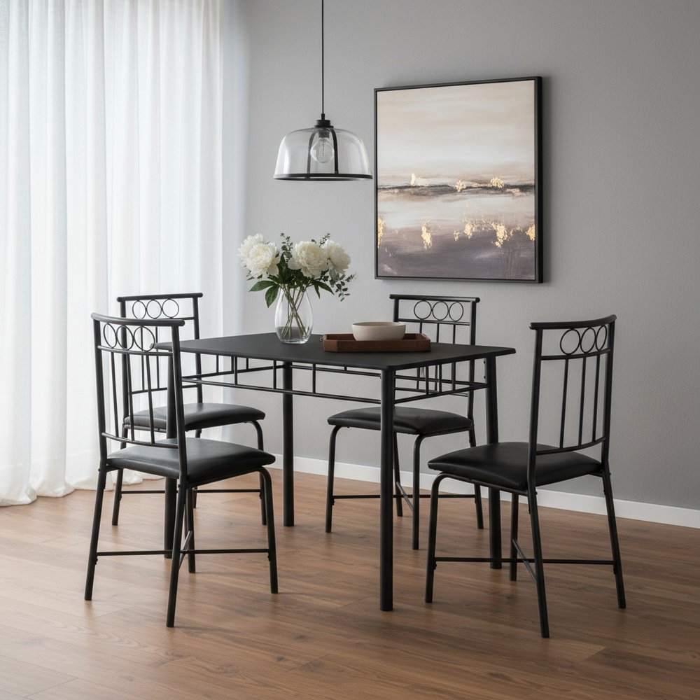 61.5" X 73.5" X 101" Black Metal Foam Polyurethane Leather Look Polyes  5Pcs Dining Set HomeRoots