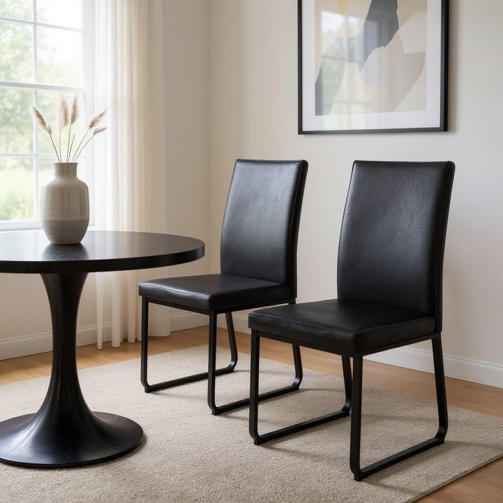 Set of Two Black Upholstered Faux Leather Dining Side Chairs HomeRoots