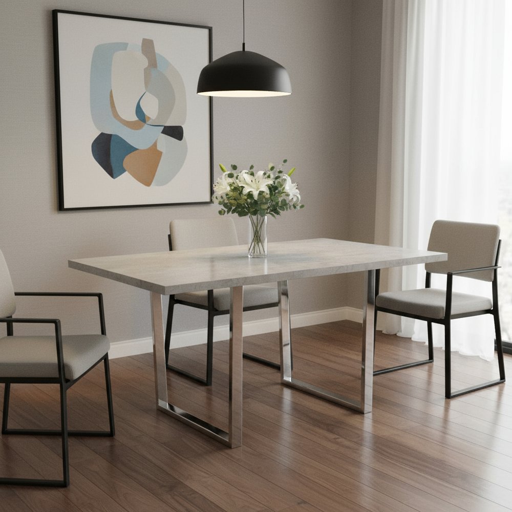 59" Gray And Silver Metal Sled Base Dining Table HomeRoots