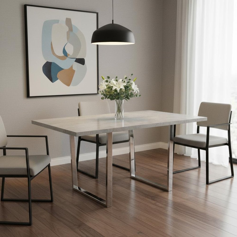 59" Gray And Silver Metal Sled Base Dining Table HomeRoots