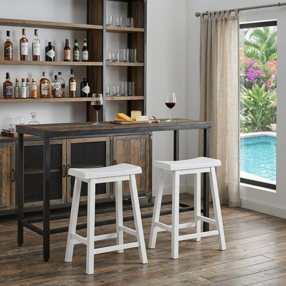 Set of Two 48" White Solid Wood Backless Bar Chairs HomeRoots
