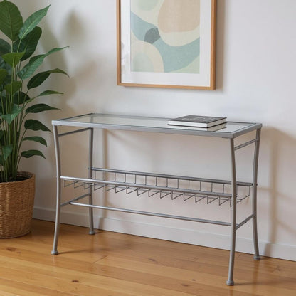 42" Clear and Silver Glass and Metal Console Table With Shelf HomeRoots
