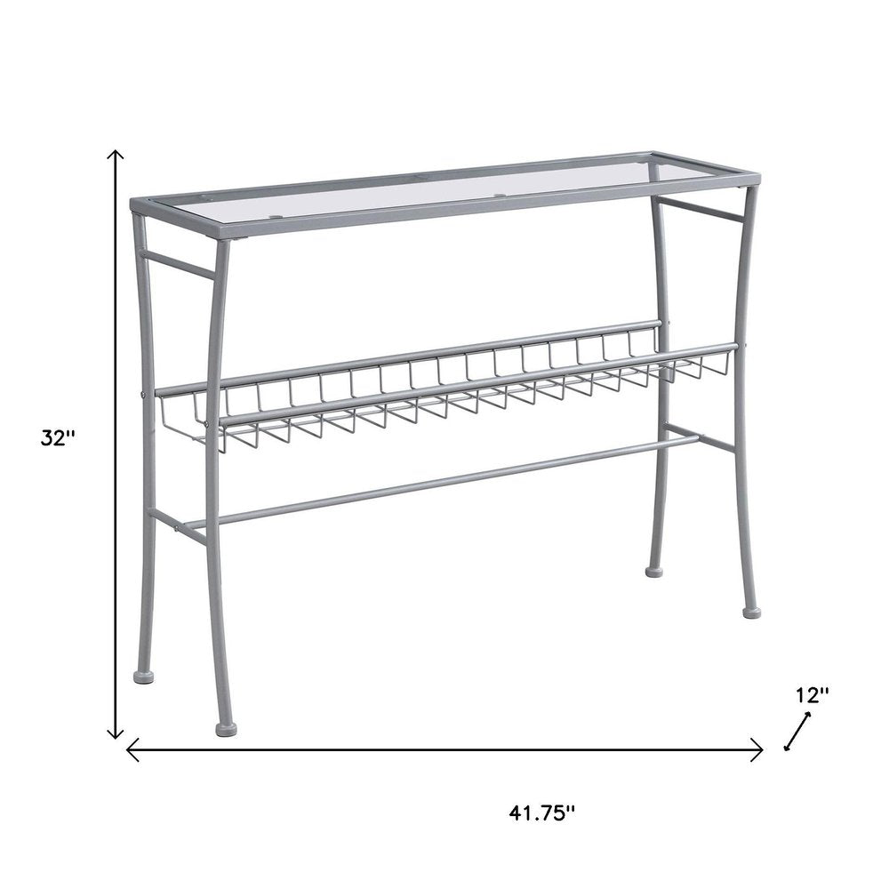 42" Clear and Silver Glass and Metal Console Table With Shelf HomeRoots