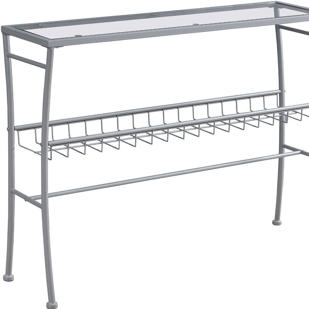 42" Clear and Silver Glass and Metal Console Table With Shelf HomeRoots