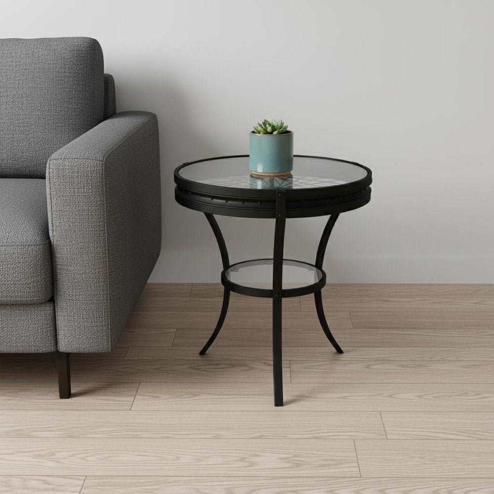 24" Black And Clear Glass And Metal Round End Table With Shelf HomeRoots