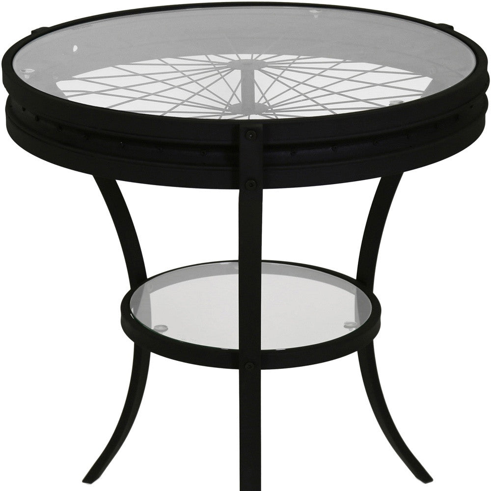 24" Black And Clear Glass And Metal Round End Table With Shelf