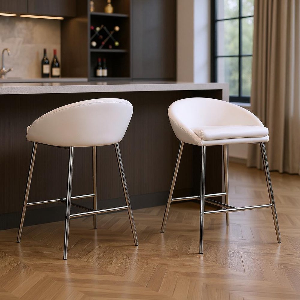 Set of Two 24" White and Silver Metal Low Back Bar Chairs HomeRoots
