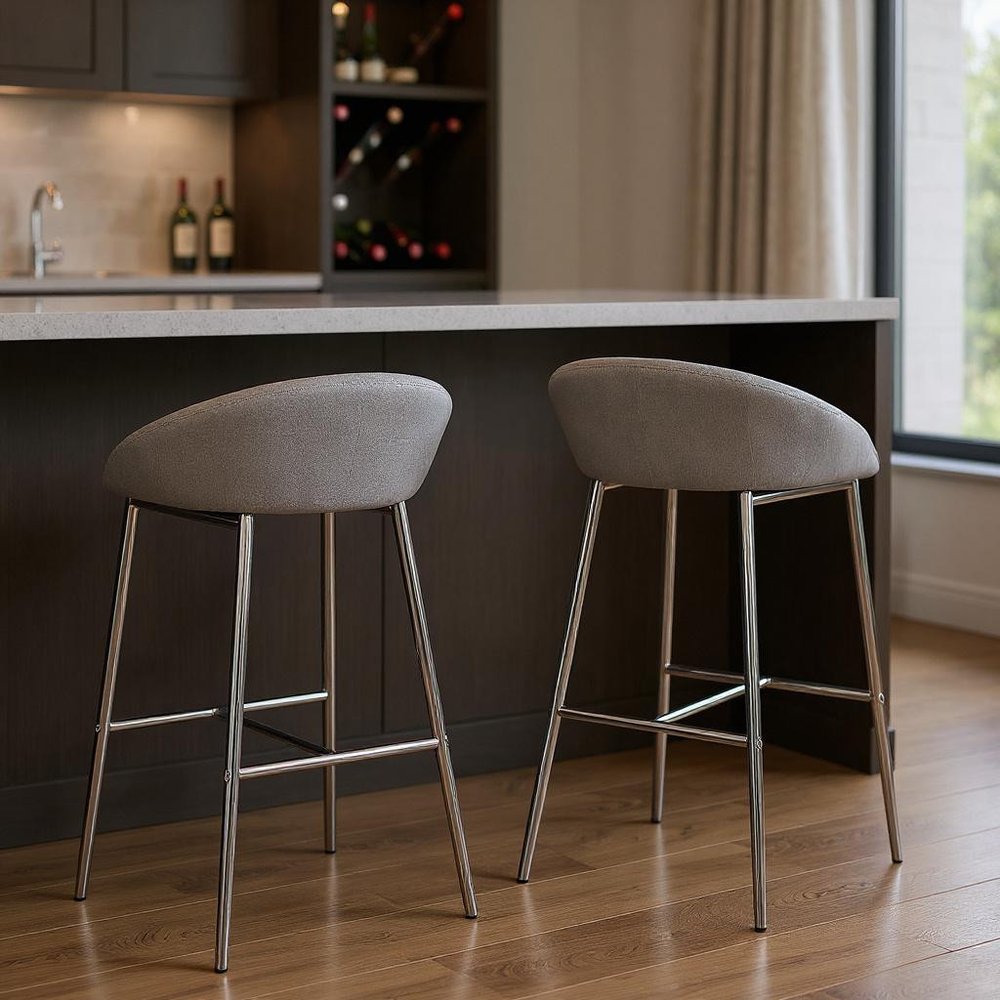 Set of Two 30" Gray and Silver Metal Low Back Bar Chairs HomeRoots
