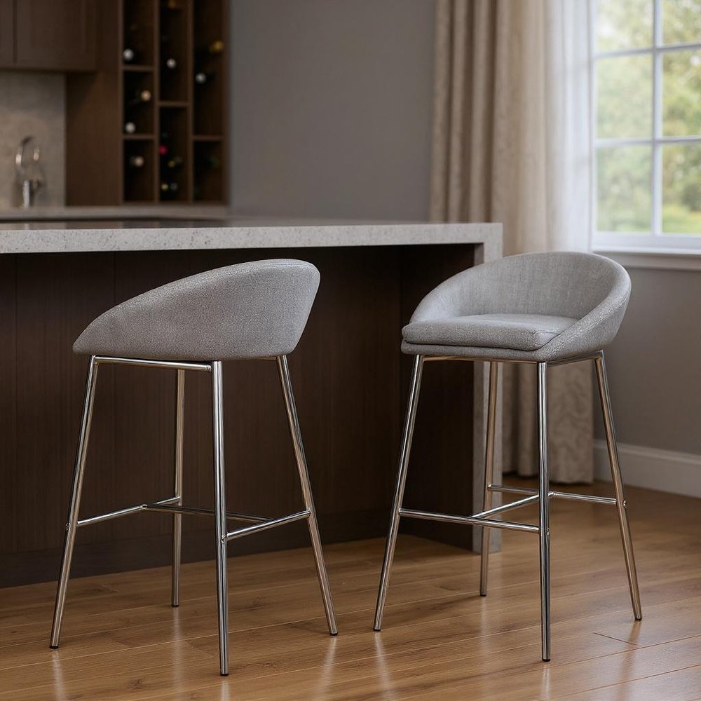 Set of Two 30" Gray and Silver Metal Low Back Bar Chairs HomeRoots