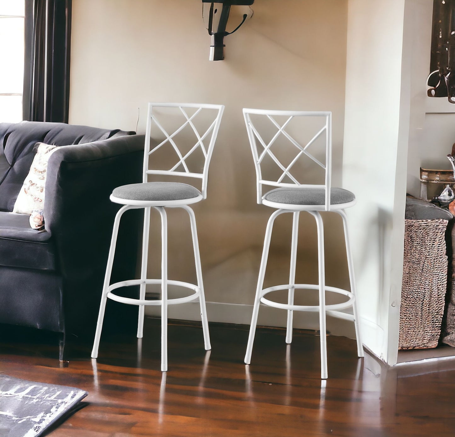 Set of Two 28 " Gray And White Metal Bar Chairs