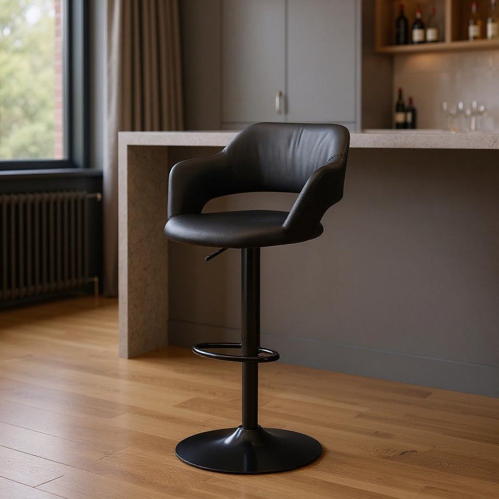 Black Faux Leather And Metal Low Back Adjustable Height Swivel Bar Chair HomeRoots