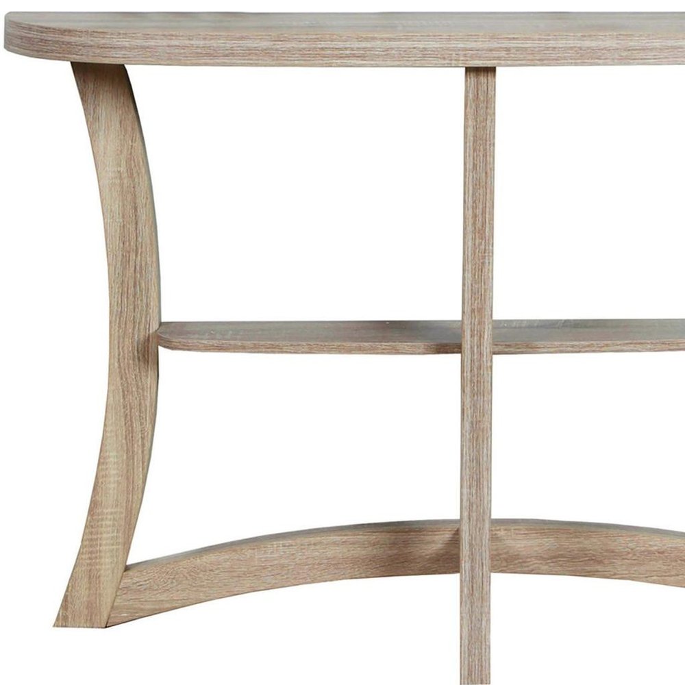 47" Taupe Half Moon Three Leg Console Table With Shelves HomeRoots