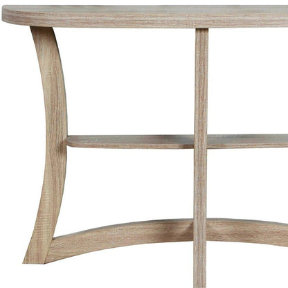 47" Taupe Half Moon Three Leg Console Table With Shelves HomeRoots