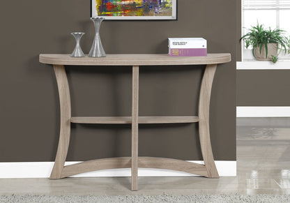 47" Taupe Half Moon Three Leg Console Table With Shelves HomeRoots