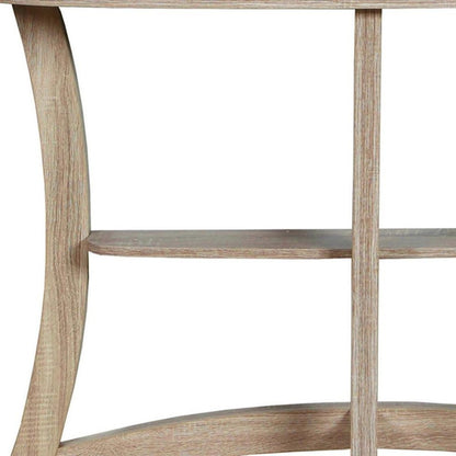 47" Taupe Half Moon Three Leg Console Table With Shelves HomeRoots