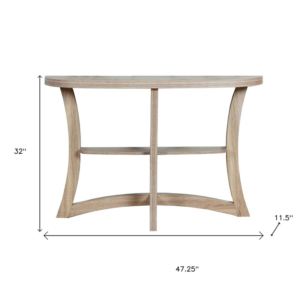 47" Taupe Half Moon Three Leg Console Table With Shelves HomeRoots