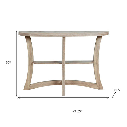 47" Taupe Half Moon Three Leg Console Table With Shelves HomeRoots