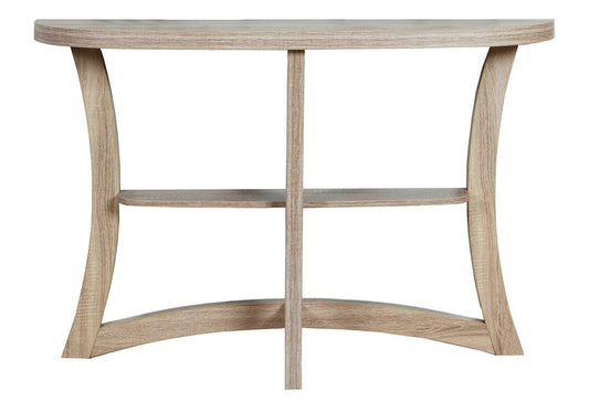 47" Taupe Half Moon Three Leg Console Table With Shelves HomeRoots