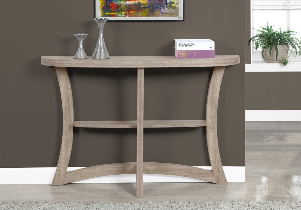 47" Taupe Half Moon Three Leg Console Table With Shelves HomeRoots