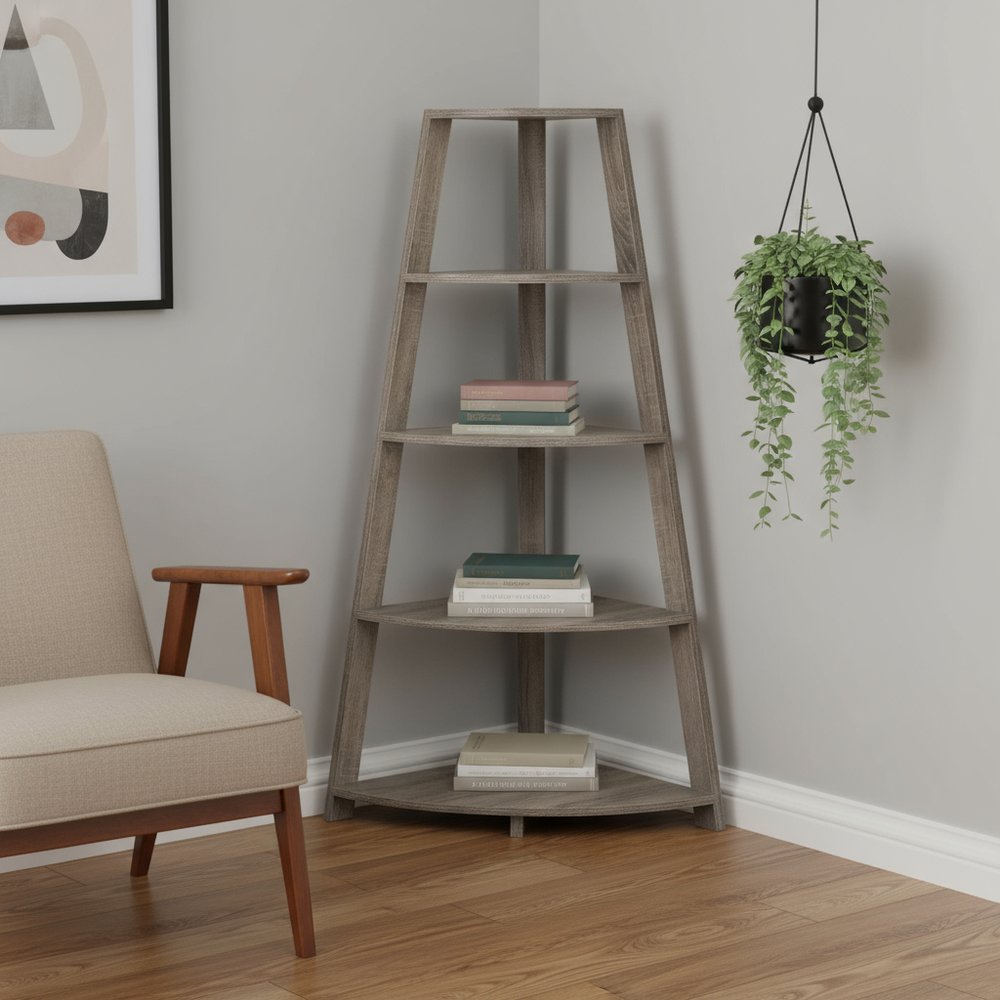 60" Taupe Wood Four Tier Corner Bookcase HomeRoots