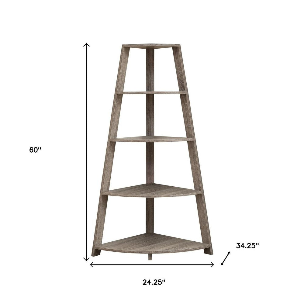 60" Taupe Wood Four Tier Corner Bookcase HomeRoots