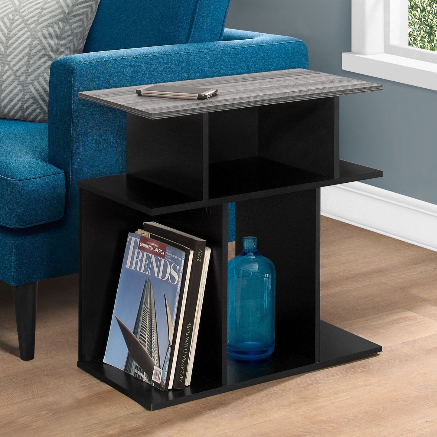 24" Black And Gray Wood End Table With 6