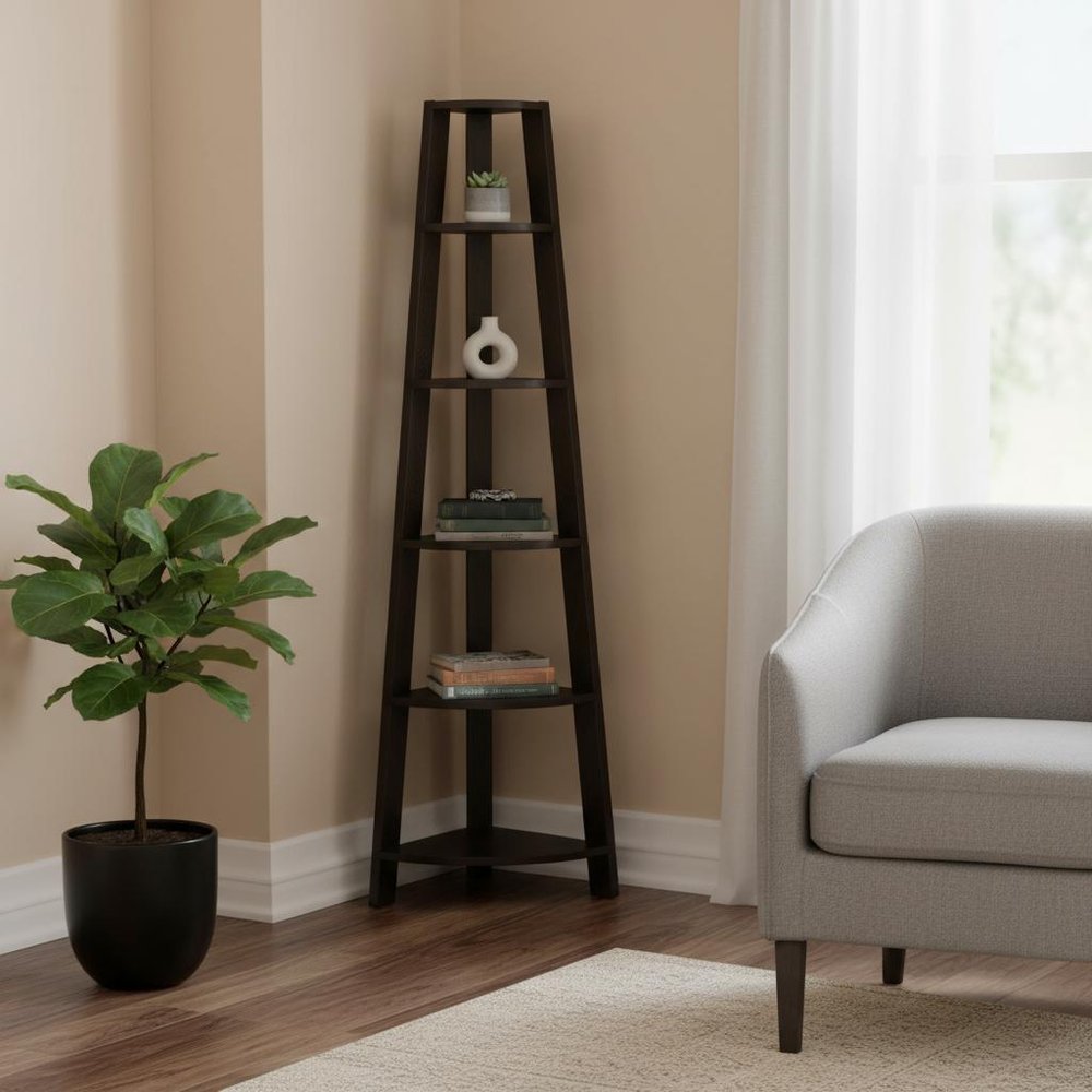 71" Gray Wood Five Tier Corner Bookcase HomeRoots