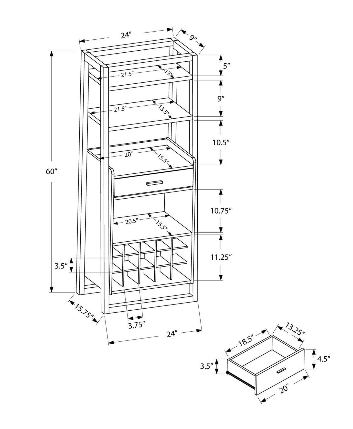 16" Espresso Standard Bar Cabinet With Four Shelves And One Drawer - FurniFindUSA