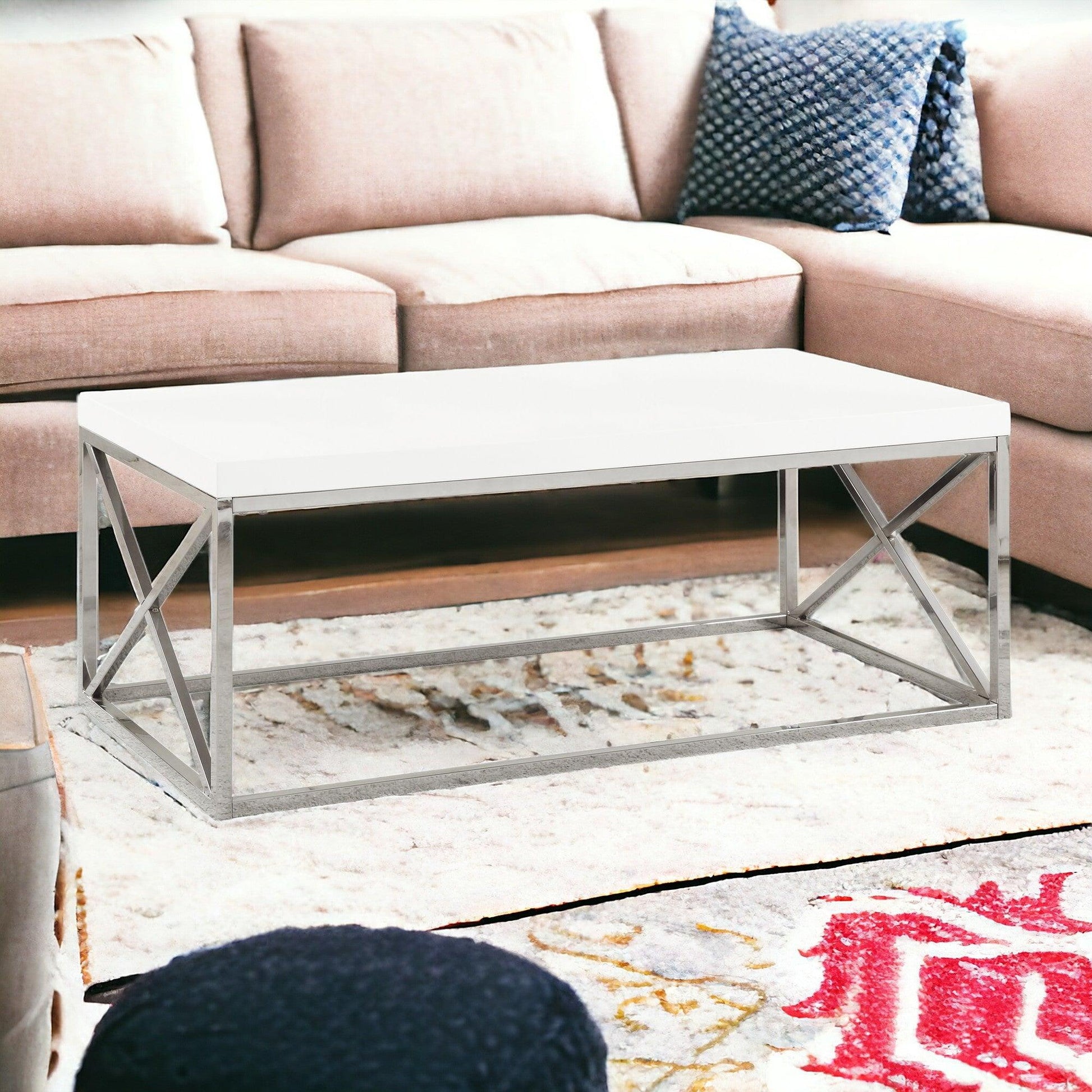 44" Beige And Silver Iron Coffee Table - FurniFindUSA