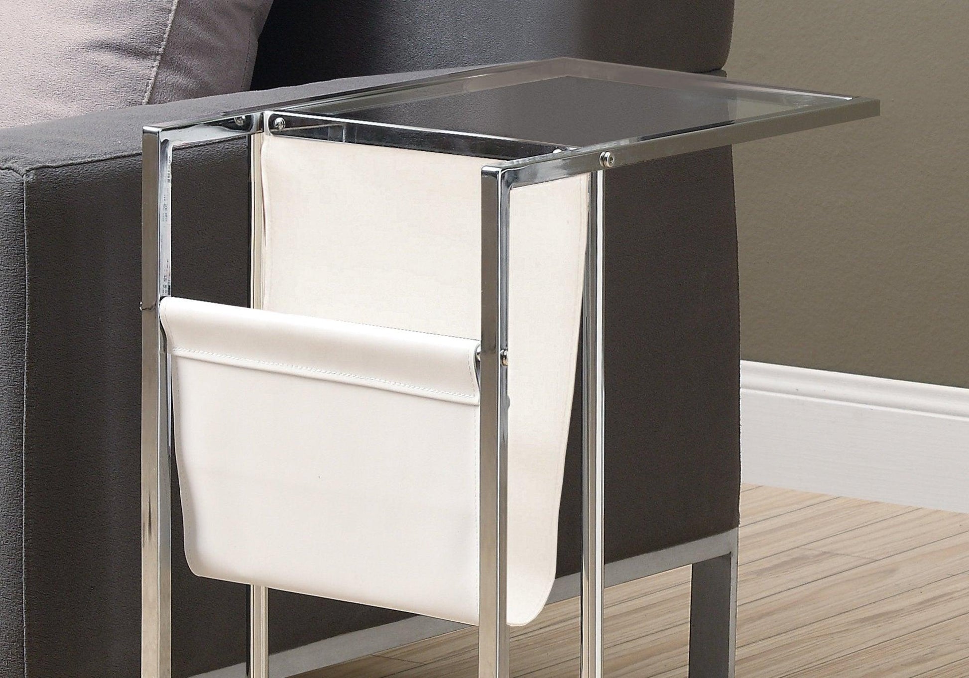 19.5" X 12" X 24" Chrome Tempered Glass Leather Look Accent Table - FurniFindUSA