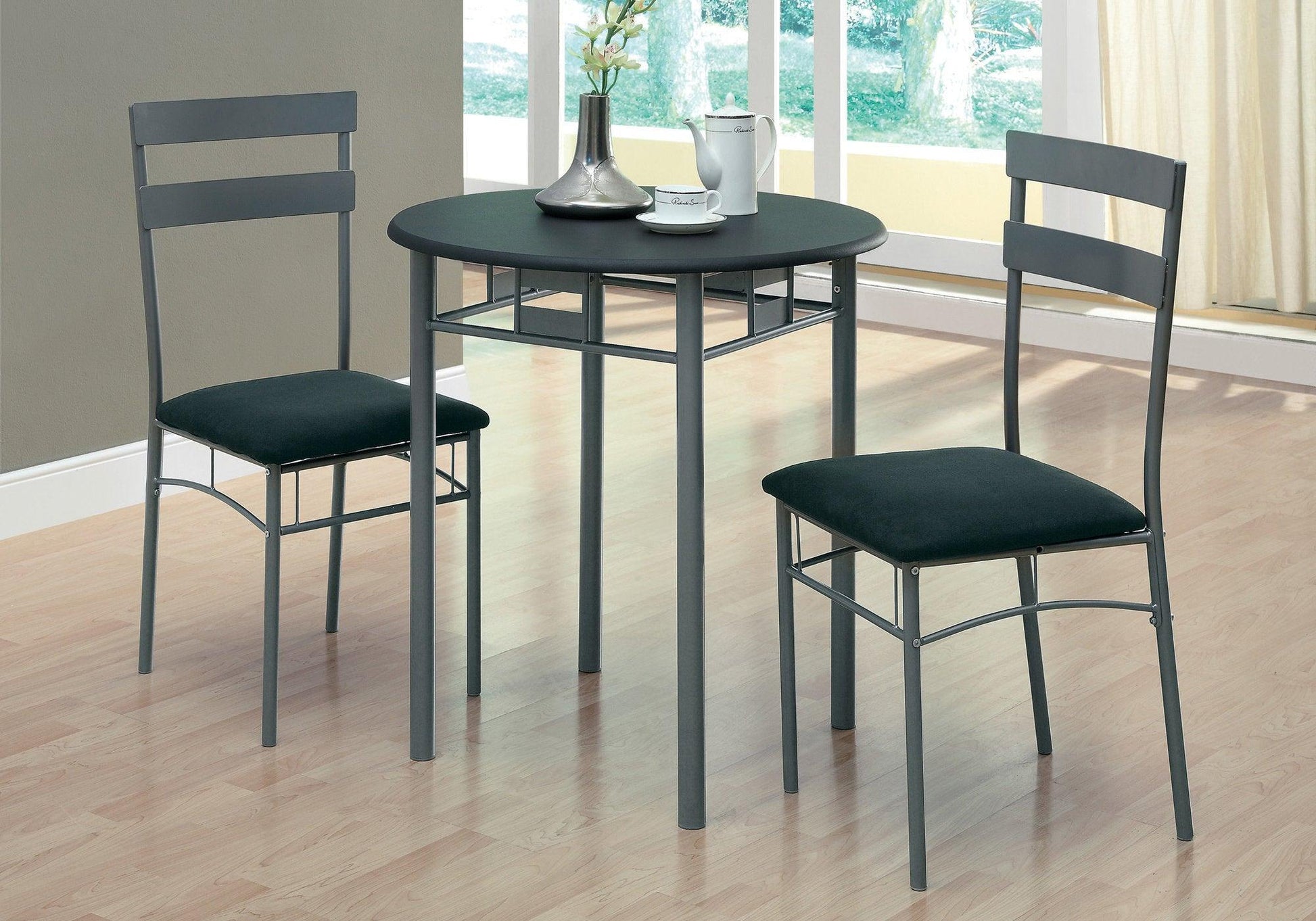 36" Black Microfiber Foam Mdf And Silver Metal Three Pieces Dining Set - FurniFindUSA