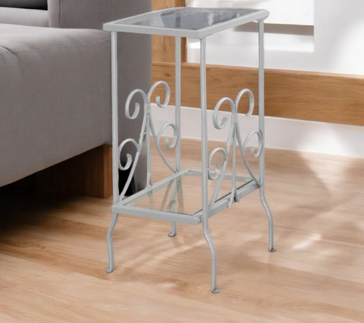 30" Silver And Clear Glass And Metal Square End Table With Shelf