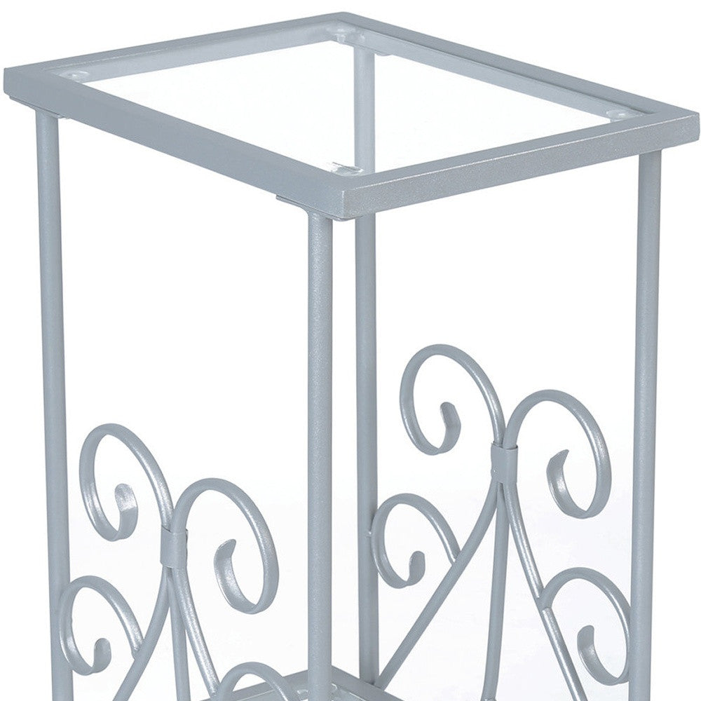 30" Silver And Clear Glass And Metal Square End Table With Shelf