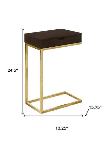 10.25" X 15.75" X 24.5" Cappuccino Finish And Gold Laminated Drawer Accent Table HomeRoots