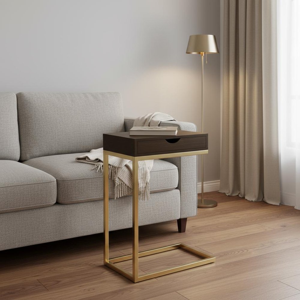 10.25" X 15.75" X 24.5" Cappuccino Finish And Gold Laminated Drawer Accent Table HomeRoots