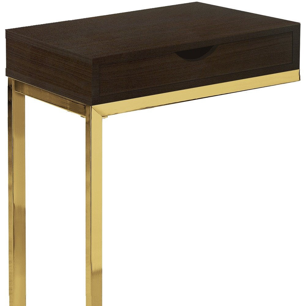 10.25" X 15.75" X 24.5" Cappuccino Finish And Gold Laminated Drawer Accent Table HomeRoots