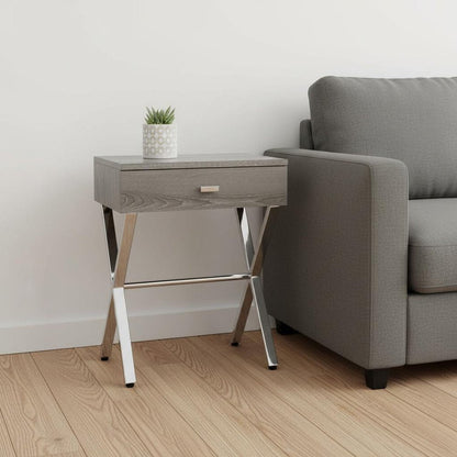 22" Silver And Deep Taupe Wood And Metal End Table With Drawer HomeRoots