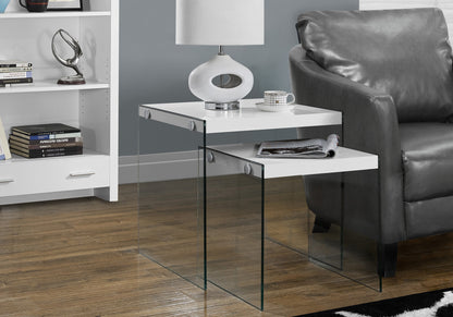 35.5" Glossy White Particle Board And Clear Glass Two Pieces Nesting Table Set