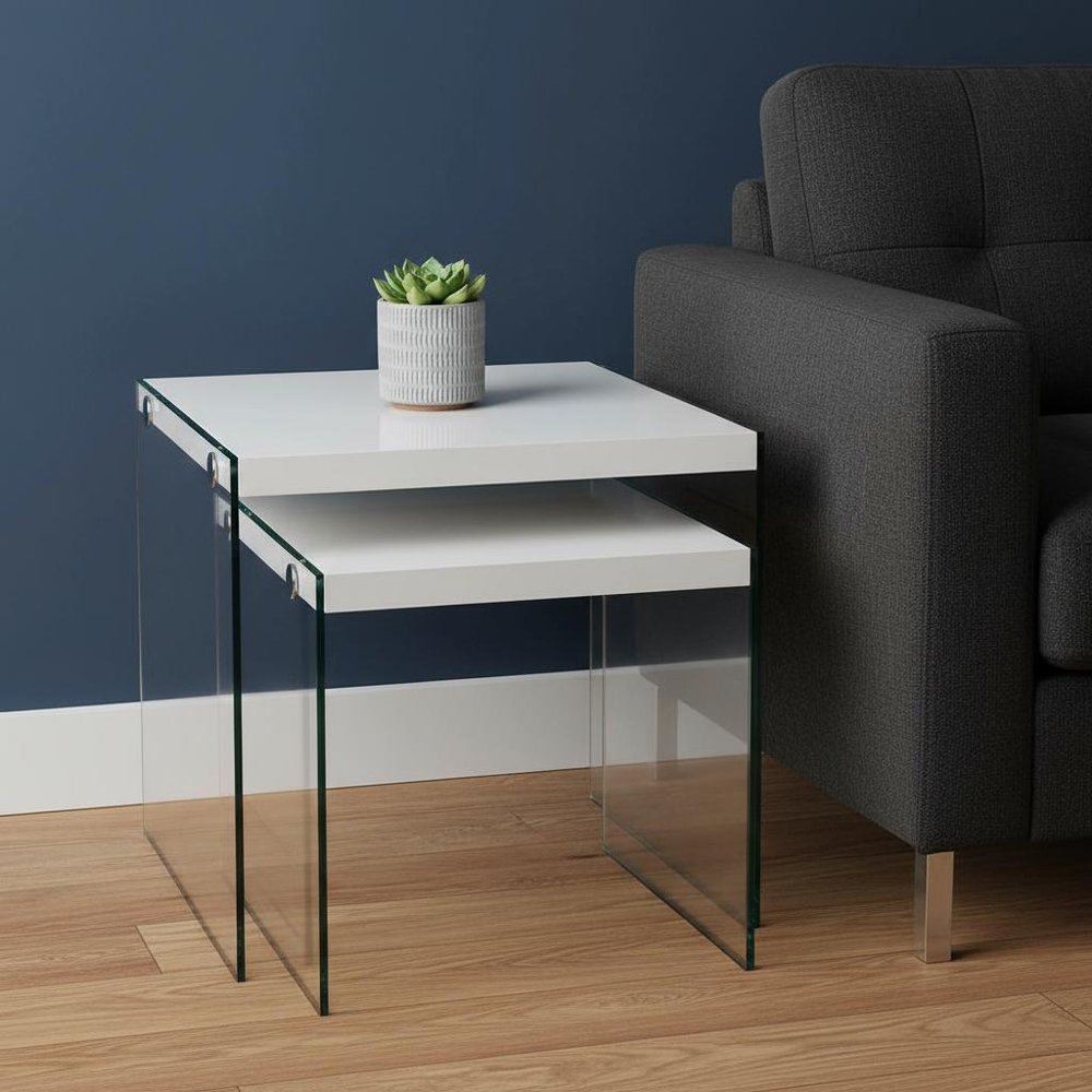 35.5" Glossy White Particle Board And Clear Glass Two Pieces Nesting Table Set HomeRoots