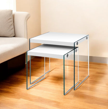 35.5" Glossy White Particle Board And Clear Glass Two Pieces Nesting Table Set