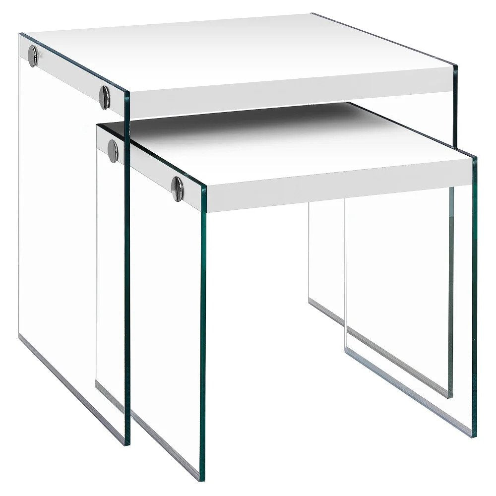 35.5" Glossy White Particle Board And Clear Glass Two Pieces Nesting Table Set HomeRoots