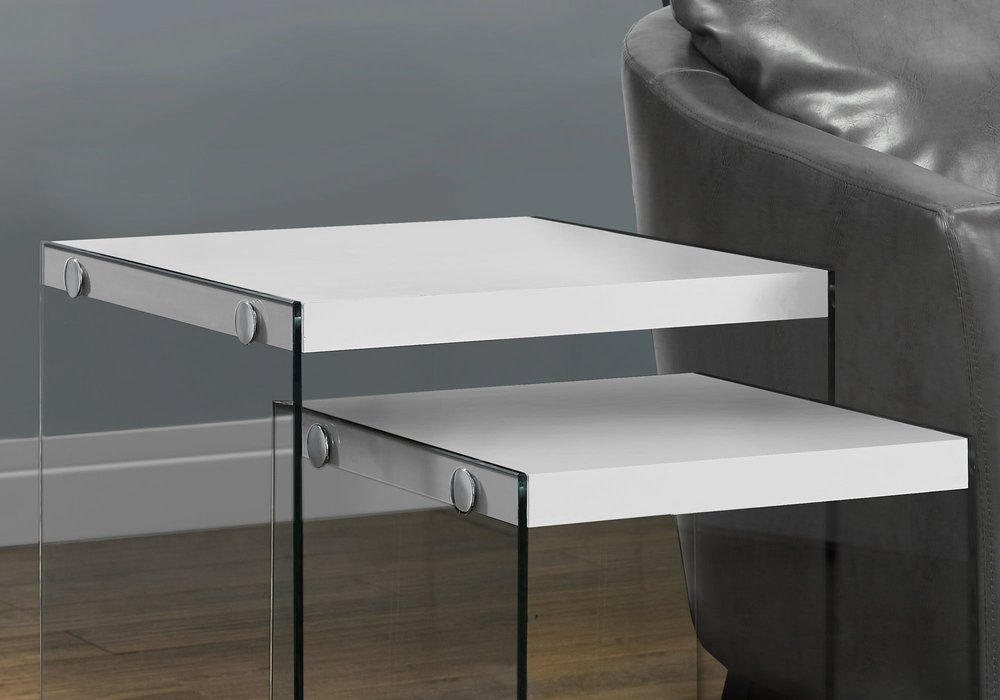 35.5" Glossy White Particle Board And Clear Glass Two Pieces Nesting Table Set HomeRoots