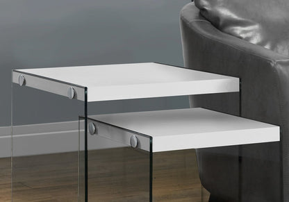35.5" Glossy White Particle Board And Clear Glass Two Pieces Nesting Table Set HomeRoots
