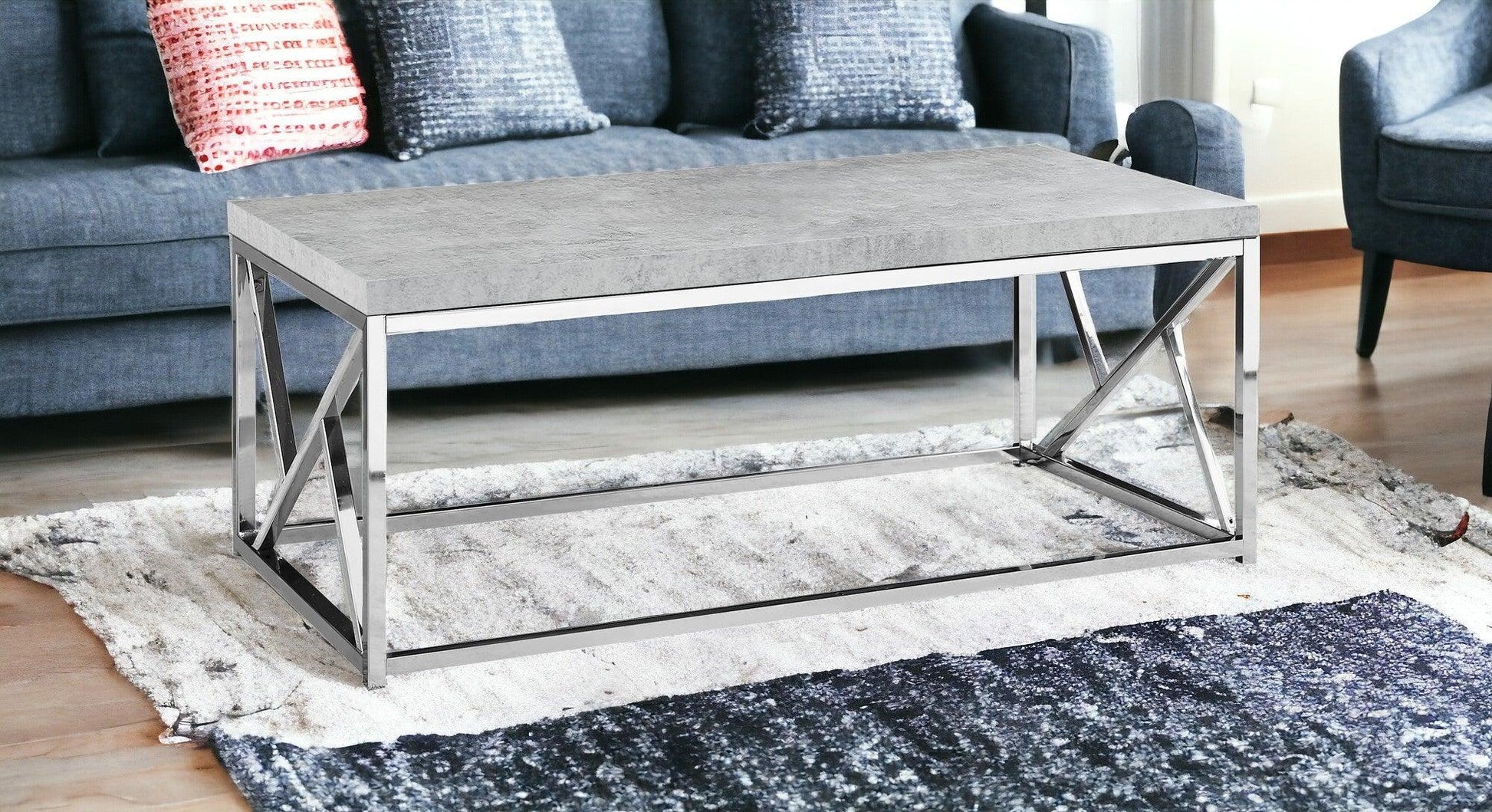 47" Gray And Silver Cement And Iron Coffee Table - FurniFindUSA