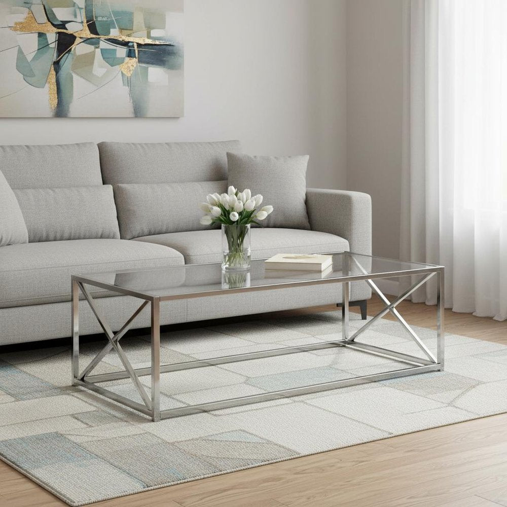 22" Clear And Silver Glass And Iron Coffee Table HomeRoots