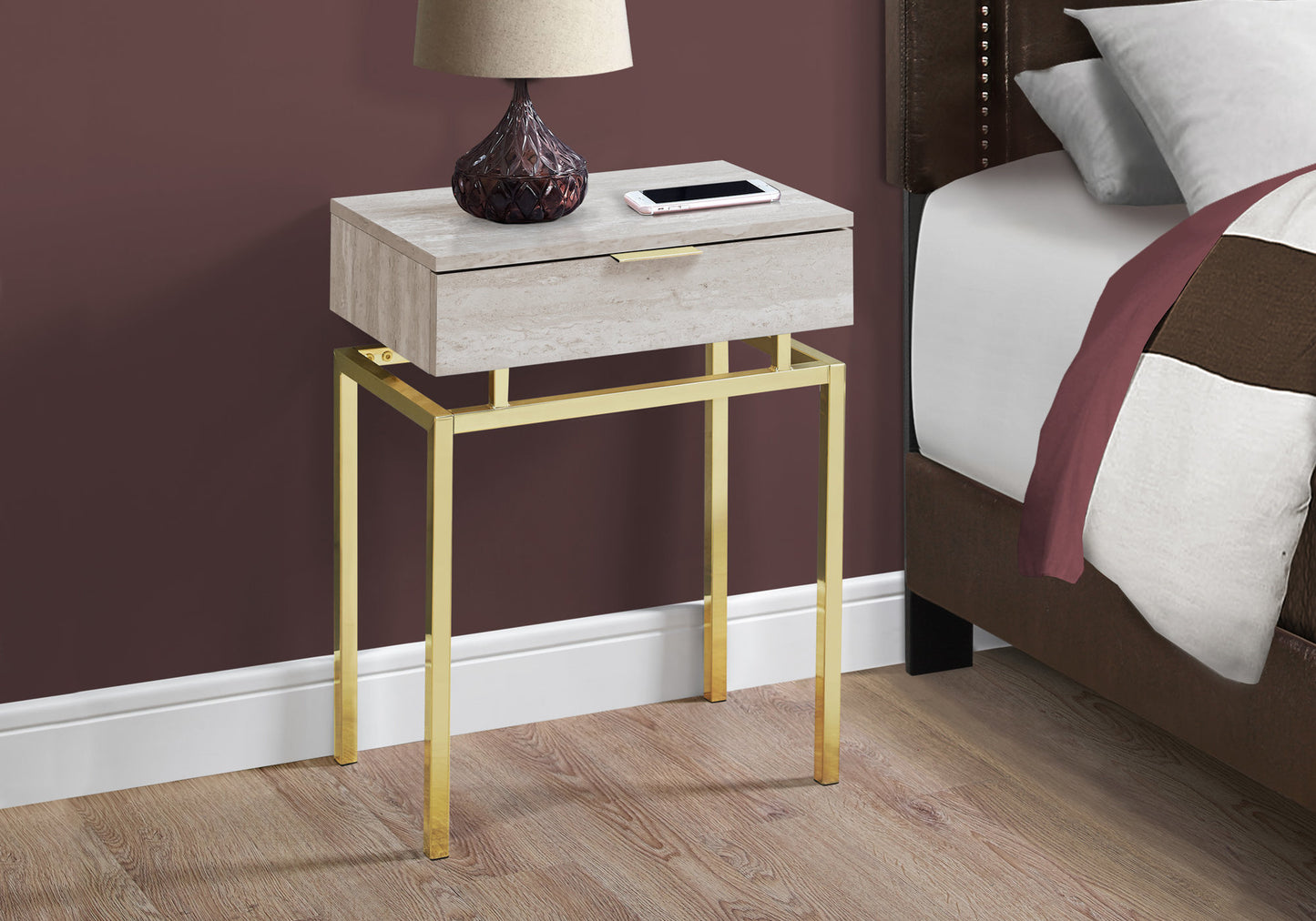 23" Gold And Beige Wood And Metal End Table With Drawer