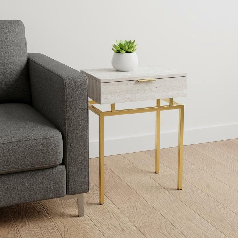 23" Gold And Beige Wood And Metal End Table With Drawer HomeRoots