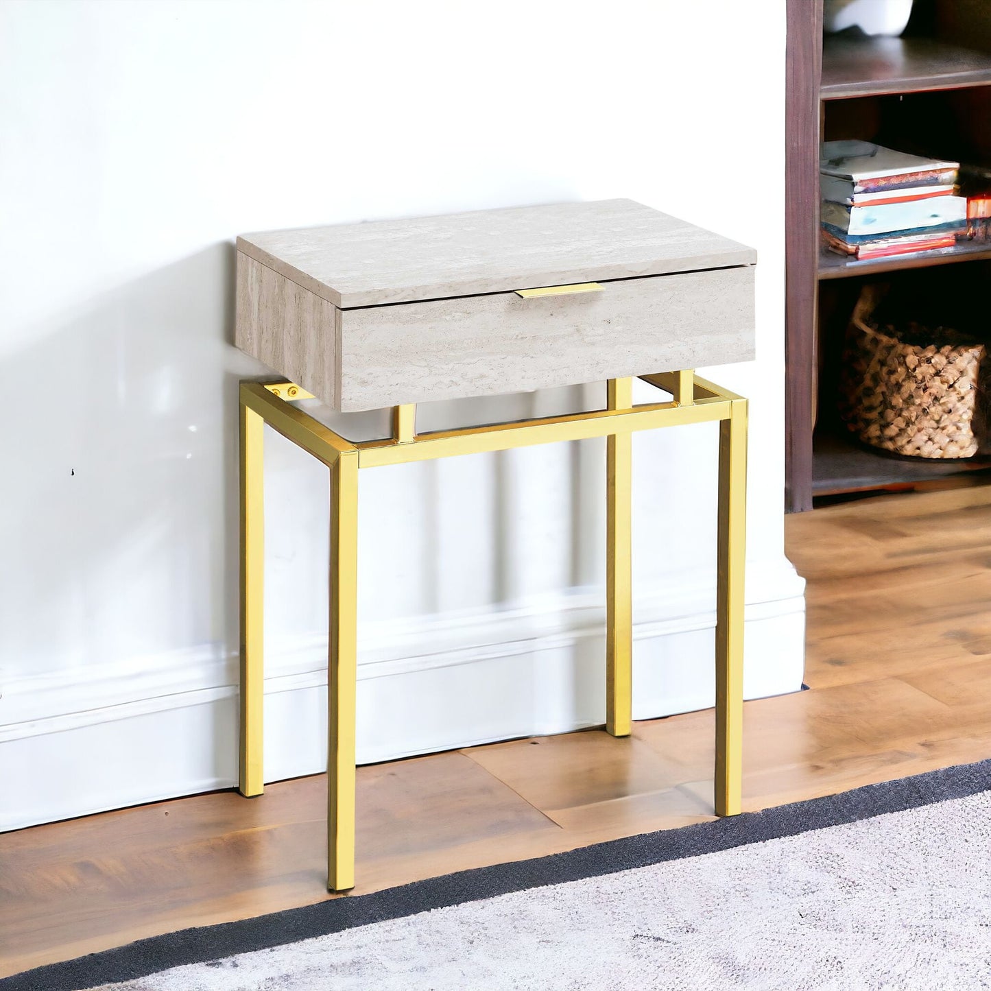 23" Gold And Beige Wood And Metal End Table With Drawer