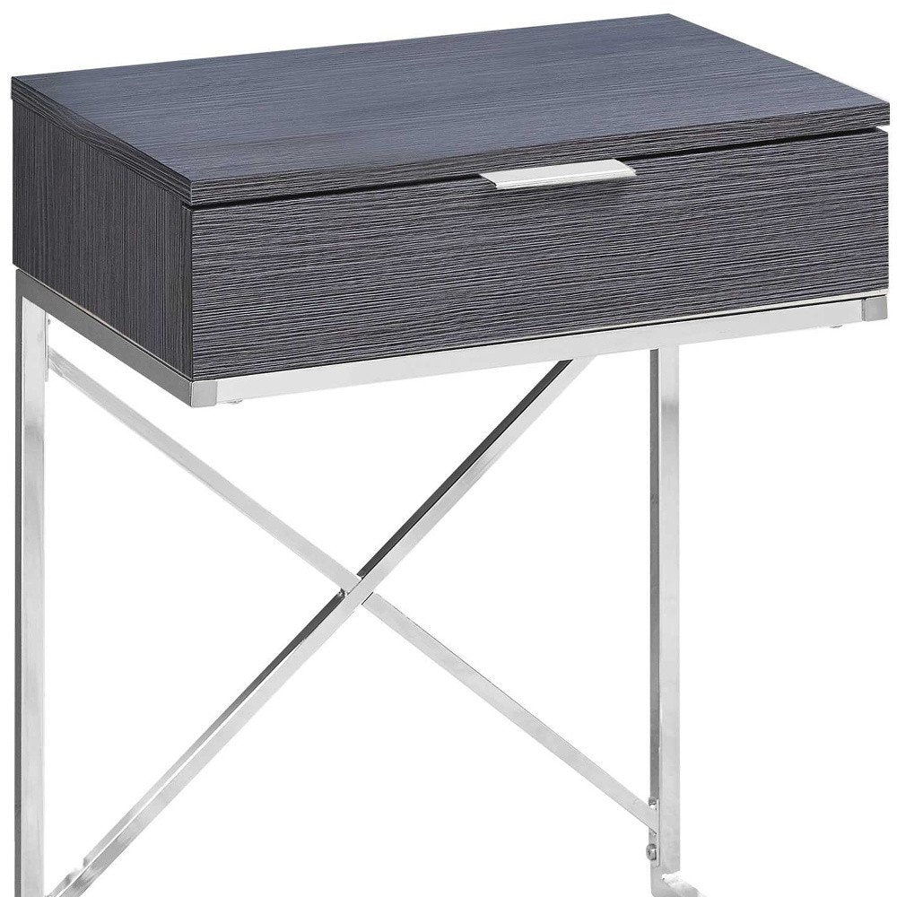 24" Silver And Gray Wood And Metal End Table With Drawer